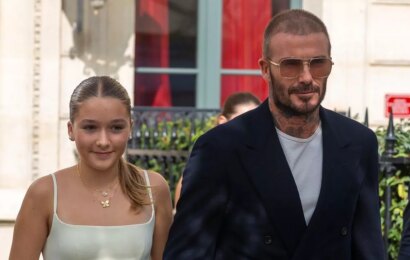 Harper Beckham, 12, follows in Victoria’s fashion footsteps in white dress and £840 heels