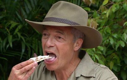 Nigel Farage gags as he tucks into a sheep&apos;s udder on I&apos;m A Celeb